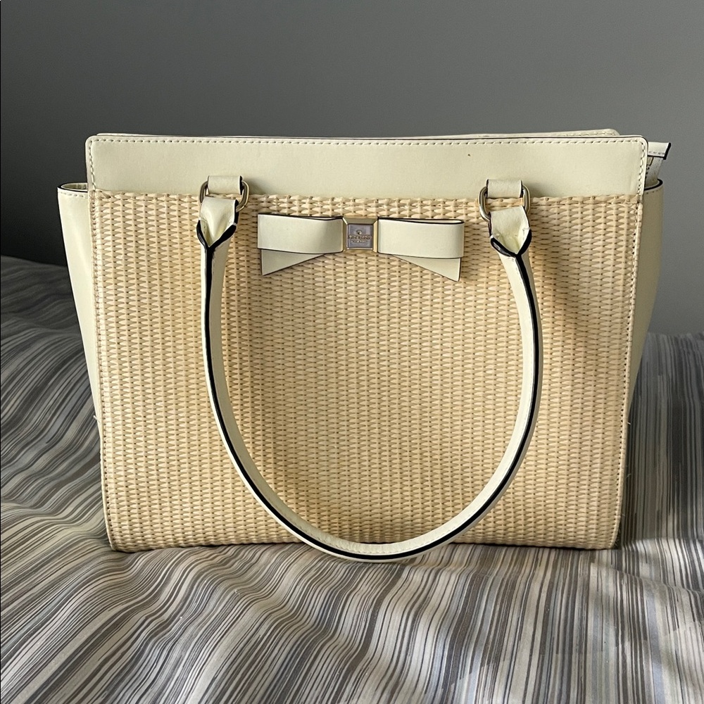 Kate Spade Raffia Trimmed Cream Leather Bow light Tan Tote Bag